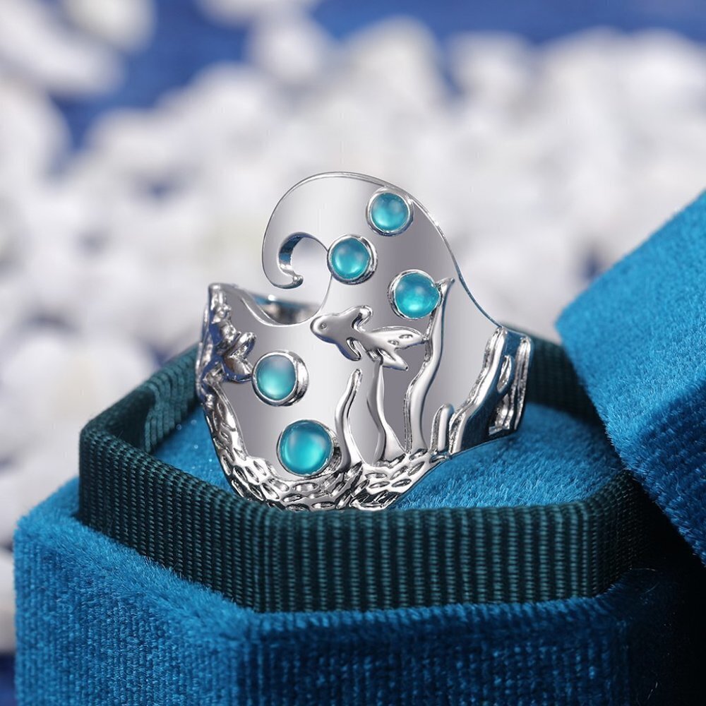 💞925 Silver Plated Creative Vintage Fish Pattern SeaBlue GemstoneRingUNVN12479